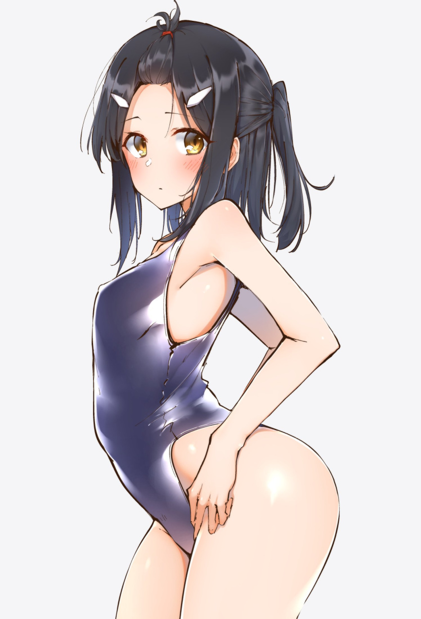 1girl arched_back armpits bare_arms bare_shoulders black_hair blue_swimsuit blush breasts commentary_request cowboy_shot fate/kaleid_liner_prisma_illya fate_(series) forehead from_side hair_ornament hairclip hechi_(hechi322) highleg highleg_swimsuit highres long_hair looking_at_viewer miyu_edelfelt one-piece_swimsuit one_side_up simple_background small_breasts standing swimsuit thighs white_background yellow_eyes