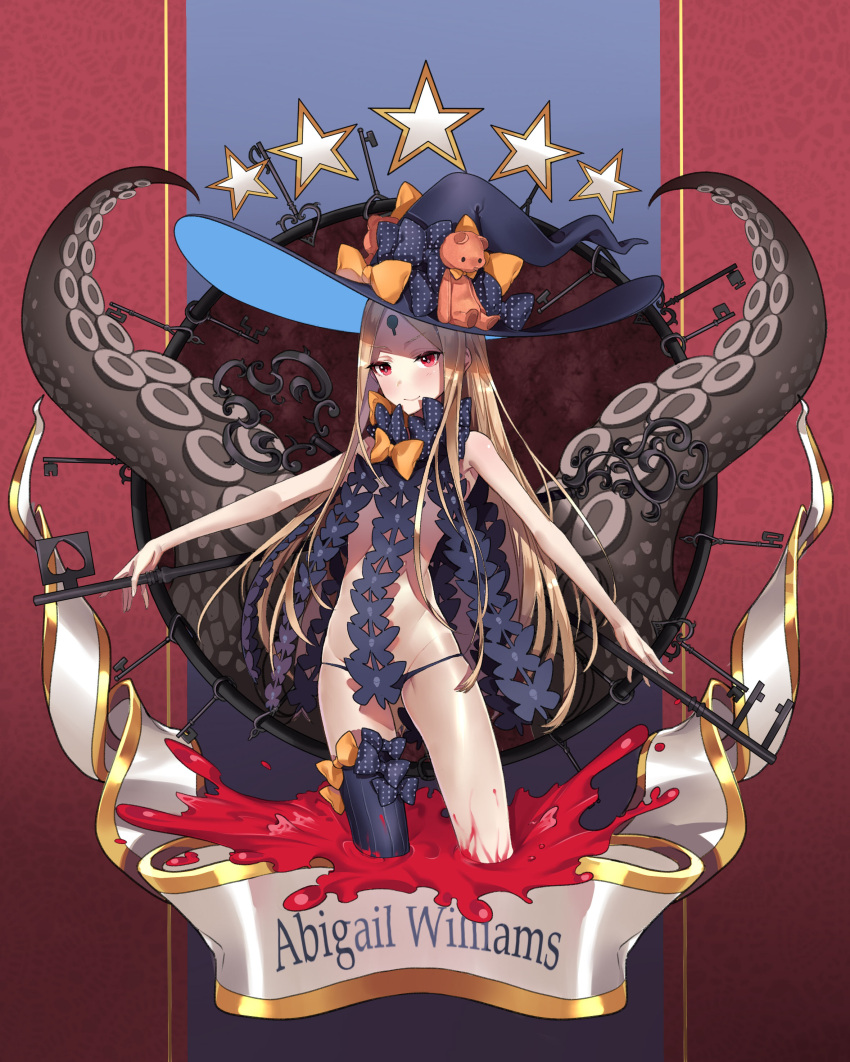 1girl abigail_williams_(fate/grand_order) absurdres bangs black_bow black_hat black_legwear black_panties blonde_hair blush bow character_name chongzi closed_mouth fate/grand_order fate_(series) hat hat_bow highres key keyhole long_hair looking_at_viewer lowleg lowleg_panties orange_bow panties parted_bangs polka_dot polka_dot_bow red_eyes single_thighhigh skindentation smile solo stuffed_animal stuffed_toy suction_cups teddy_bear tentacle thigh-highs underwear very_long_hair witch_hat