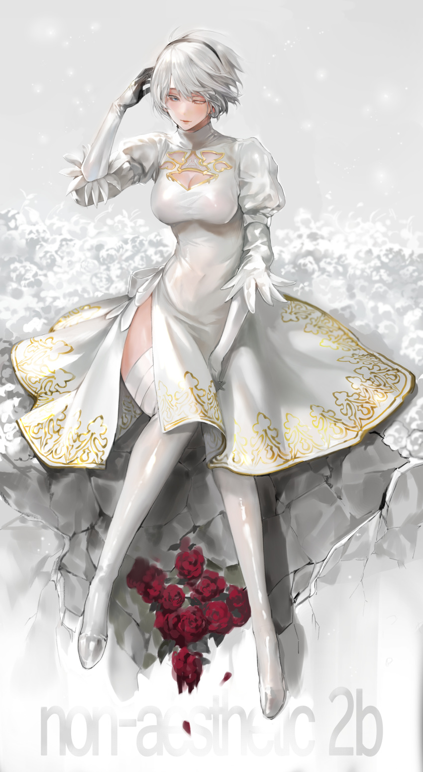 1girl absurdres alternate_costume arm_up bangs between_legs black_hairband blank_eyes blue_eyes breasts cleavage cleavage_cutout cliff dress feather-trimmed_sleeves flower flower_bed hairband hand_between_legs highres juliet_sleeves long_sleeves medium_breasts mole mole_under_mouth mucuzi nier_(series) nier_automata no_blindfold pink_lips puffy_sleeves rock rose short_hair side_slit silver_hair sitting thigh-highs thighs white_dress white_footwear yorha_no._2_type_b
