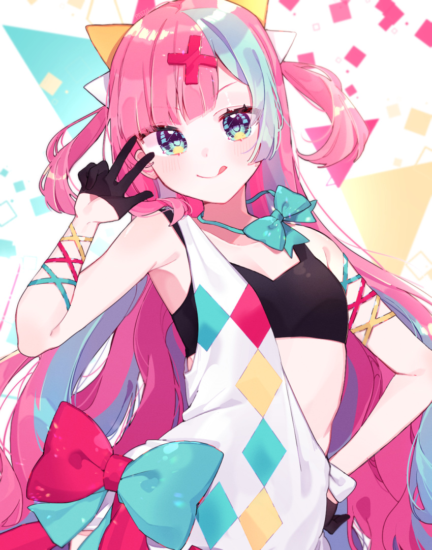 1girl :q aqua_bow aqua_eyes aqua_hair aqua_neckwear arm_ribbon artist_name bangs black_gloves black_sports_bra blush bow bowtie confetti flat_chest gloves hair_ornament half_gloves hand_on_hip highres long_hair looking_at_viewer loose_bowtie multicolored_bow multicolored_hair patzzi pink_hair pinky_pop_hepburn pinky_pop_hepburn_official red_bow ribbon single_strap solo sports_bra tongue tongue_out two-tone_hair two_side_up upper_body very_long_hair virtual_youtuber w x_hair_ornament