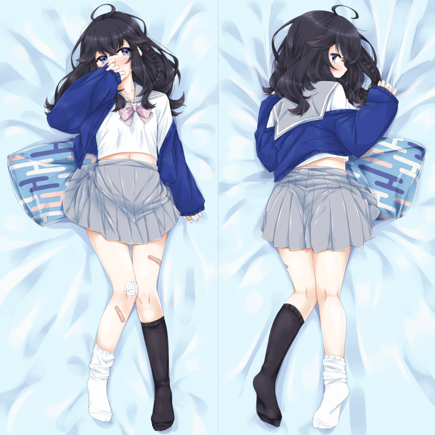 1girl absurdres ahoge ass bandaid bangs bed_sheet black_hair black_legwear blue_cardigan blue_eyes blush bow bowtie braid cardigan commentary covering_mouth dakimakura from_above grey_skirt hand_over_own_mouth highres itou_ayachi izumo_kasumi_(nijisanji) looking_at_viewer lying medium_hair midriff miniskirt mismatched_legwear mole mole_on_neck mole_under_mouth multiple_views nijisanji on_back on_bed on_stomach open_cardigan open_clothes pillow pleated_skirt sailor_collar school_uniform serafuku skirt virtual_youtuber wavy_hair white_legwear