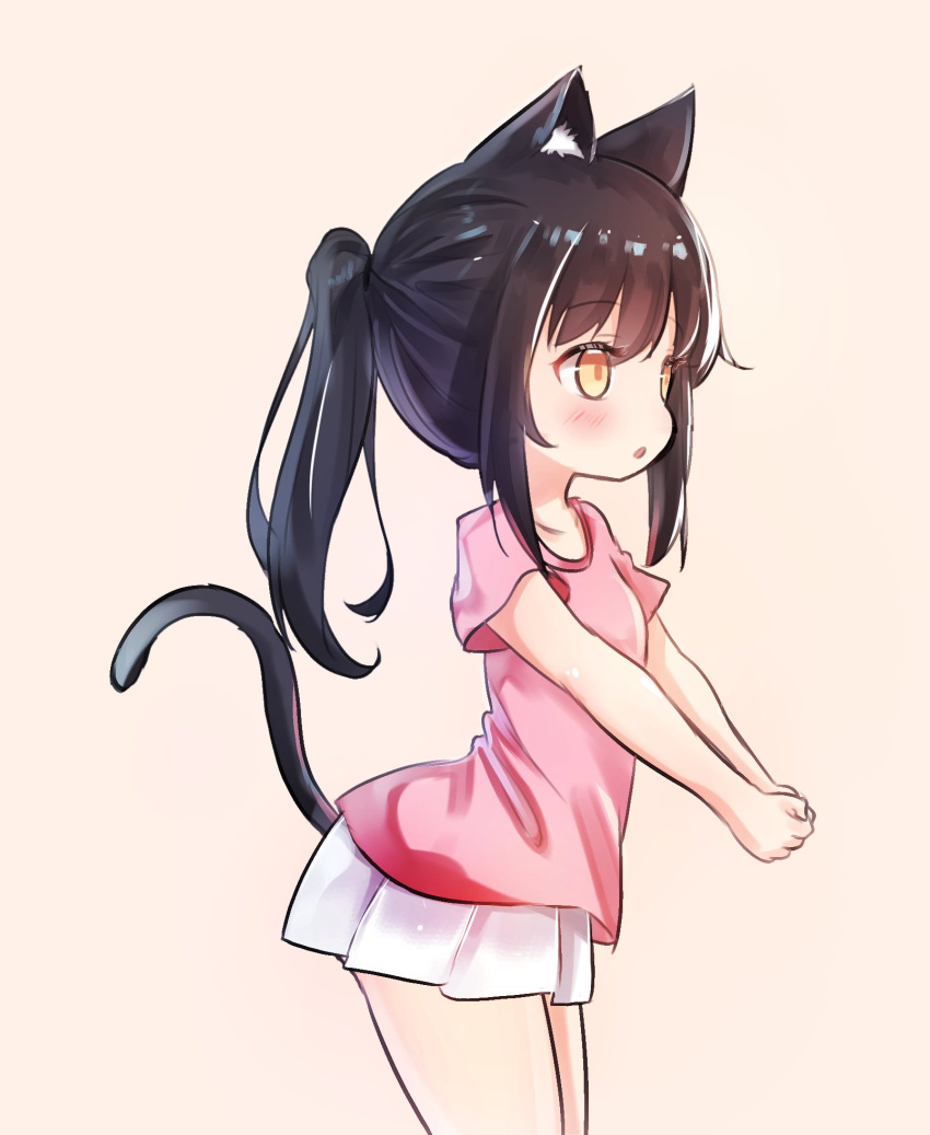 1girl animal_ears black_hair brown_eyes cat_ears cat_tail grey_background hands_together highres kosobin long_hair miniskirt open_mouth original pink_shirt ponytail shirt simple_background skirt solo tail white_skirt