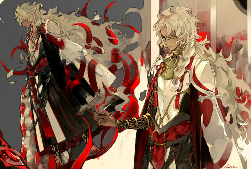 1boy armlet bangs black_nails bracelet braid closed_mouth covered_eyes dark_skin dark_skinned_male demon_pillar_(fate/grand_order) dual_persona fate/grand_order fate_(series) floating_hair from_below full_body gold grey_hair hair_rings half-closed_eyes jewelry long_hair long_sleeves looking_at_viewer male_focus messy_hair nail_polish neck_ring outstretched_arm profile red_ribbon ribbon ring rope signature single_braid sleeves_past_wrists solomon_(fate/grand_order) standing suou tassel tattoo very_long_hair wide_sleeves yellow_eyes