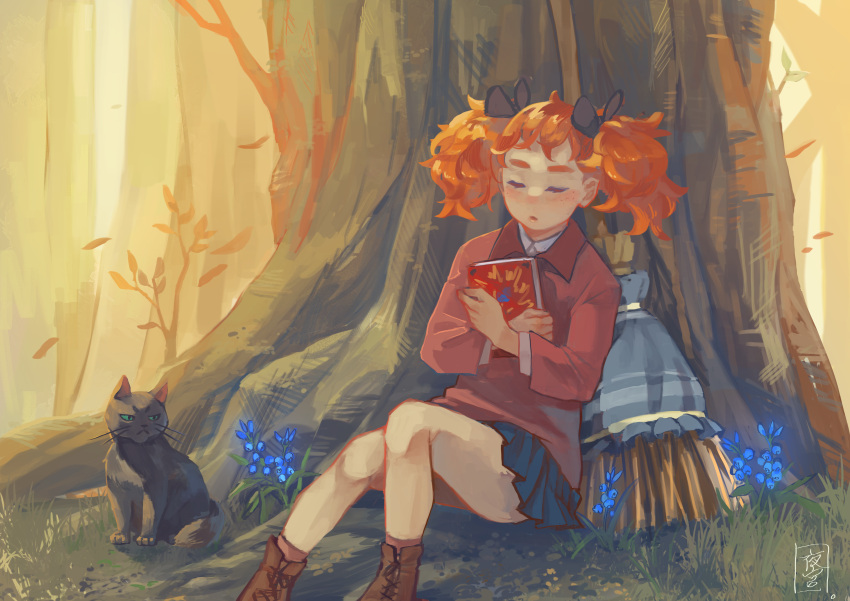 1girl absurdres against_tree ankle_boots black black_cat blue_flower blue_skirt book boots bow broom brown_footwear cat closed_eyes commentary flower hair_bow highres holding holding_book mary_(mary_to_majo_no_hana) mary_to_majo_no_hana orange_hair red_shirt shirt short_twintails sitting skirt sophie_usui tree twintails wing_collar