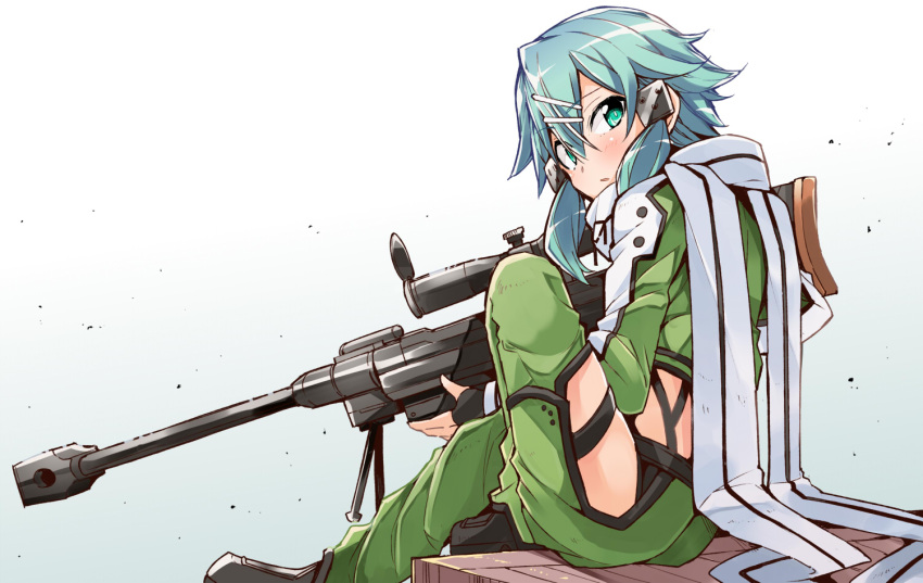 1girl anti-materiel_rifle aqua_hair bibi black_footwear black_gloves commentary_request fingerless_gloves from_side gloves green_eyes green_jacket green_legwear gun hair_ornament hairclip holding jacket long_sleeves looking_back pgm_hecate_ii rifle scarf short_hair shorts sidelocks simple_background sinon sitting sniper_rifle solo sword_art_online weapon white_background