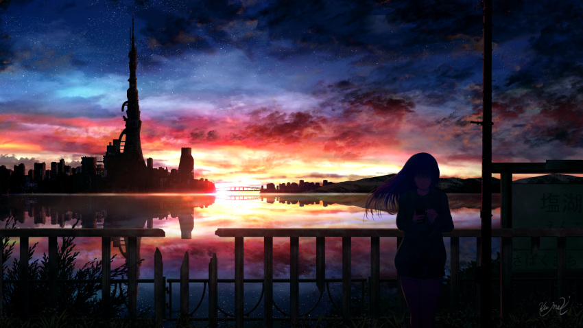 1girl blue_sky bridge building cellphone city closed_mouth clouds cloudy_sky commentary_request dark evening expressionless facing_viewer fence floating_hair gradient_sky green_shirt highres holding holding_phone kumeki_(kk4615) lake leaning_back long_hair long_sleeves orange_sky original outdoors pants phone plant railing reflection scenery shirt sign signature sky solo spire standing star_(sky) starry_sky sunset tower water wide_shot