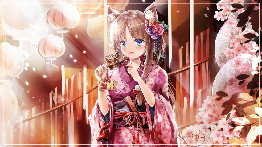 &gt;_o 1girl :d animal animal_ear_fluff animal_ears animal_on_shoulder blue_eyes blush boar braid brown_hair cat_ears commentary_request ema fang floral_print flower food hair_flower hair_ornament highres holding holding_food japanese_clothes kimono lantern long_hair long_sleeves mutang nengajou new_year obi one_eye_closed open_mouth original paper_lantern pink_flower print_kimono purple_kimono red_flower sash side_braid signature single_braid smile solo wide_sleeves
