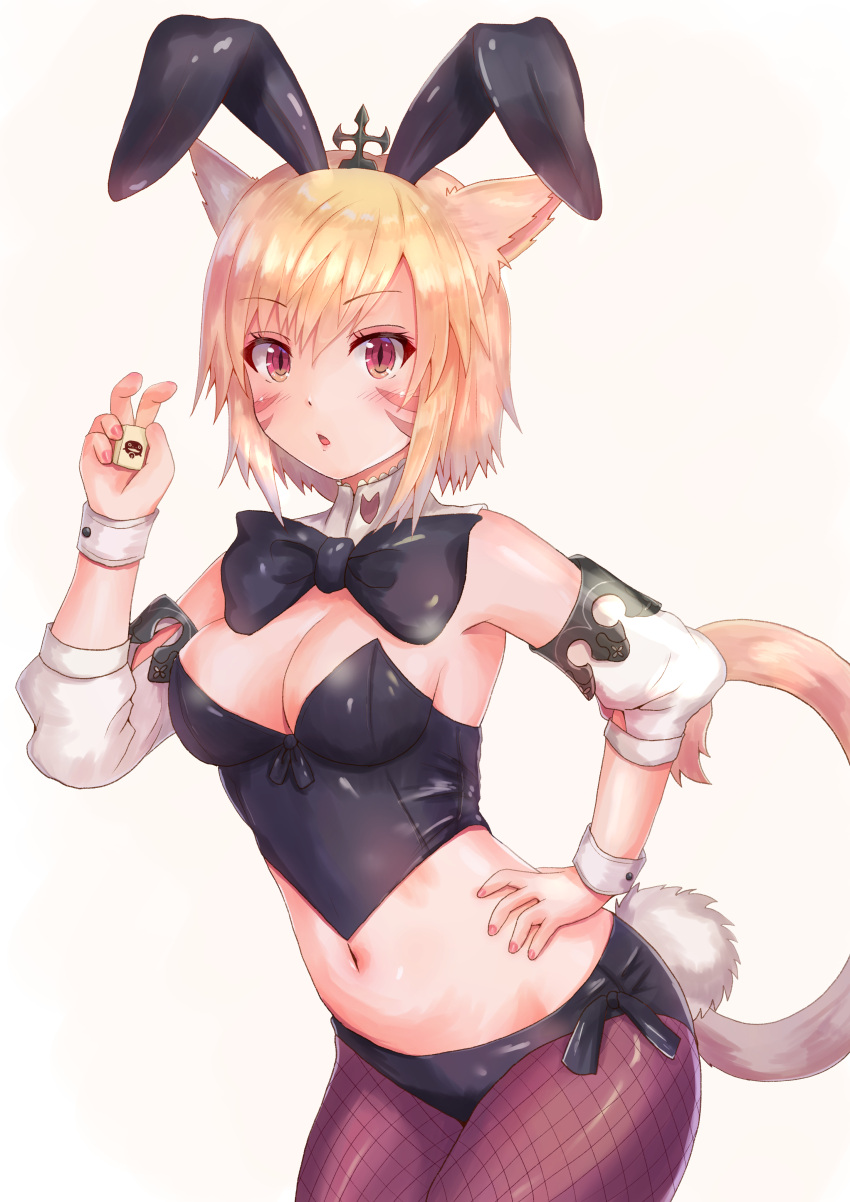 1girl :o absurdres animal_ears armpits bangs bare_shoulders black_neckwear blonde_hair blush bow bowtie breasts brown_legwear bunny_tail cat_ears cat_tail cleavage cocoasabure contrapposto cowboy_shot crop_top detached_collar detached_sleeves eyebrows_visible_through_hair facial_mark final_fantasy final_fantasy_xiv fishnet_pantyhose fishnets hair_between_eyes hair_ornament hand_on_hip hand_up highres holding latex leaning_forward looking_at_viewer medium_breasts midriff miqo'te nail_polish navel pantyhose parted_lips pink_nails rabbit_ears red_eyes short_hair sidelocks simple_background solo standing stomach tail white_background wrist_cuffs