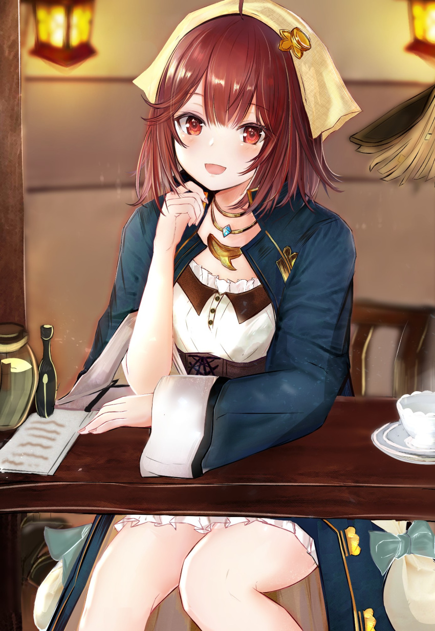 1girl :d ahoge atelier_(series) atelier_sophie bangs bare_legs blue_bow blue_coat blurry blush bottle bow buttons chair coat cup depth_of_field eyebrows_visible_through_hair feet_out_of_frame frilled_shirt frilled_skirt frills hand_up head_tilt headdress highres indoors jewelry lamp long_sleeves looking_at_viewer miniskirt necklace open_clothes open_coat open_mouth paper red_eyes redhead ria_(riarea00) saucer shirt short_hair sitting skirt smile solo sophie_neuenmuller table teacup thighs underbust white_shirt white_skirt