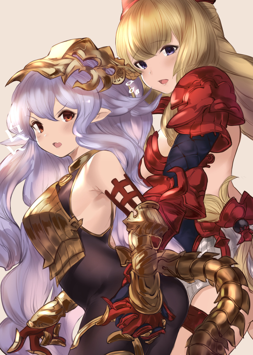 2girls absurdres armor armored_boots armored_dress athena_(granblue_fantasy) bangs bare_shoulders blonde_hair blush bodysuit boots braid breasts commentary_request elbow_gloves gauntlets gloves granblue_fantasy hair_between_eyes hand_holding headpiece helmet highres interlocked_fingers lavender_hair long_hair looking_at_viewer maou_(maoudaisukiya) medusa_(shingeki_no_bahamut) multiple_girls open_mouth pointy_ears red_eyes shingeki_no_bahamut simple_background small_breasts tail very_long_hair