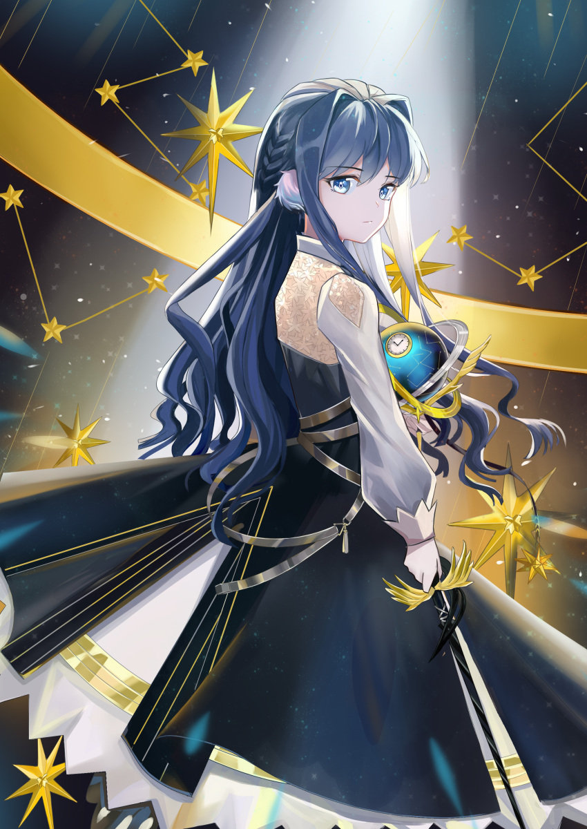 1girl absurdres arknights astesia blue_eyes blush braid clock commentary_request eyebrows_visible_through_hair hair_between_eyes hair_intakes highres holding holding_sword holding_weapon long_hair long_sleeves looking_at_viewer nine_points solo star sword weapon