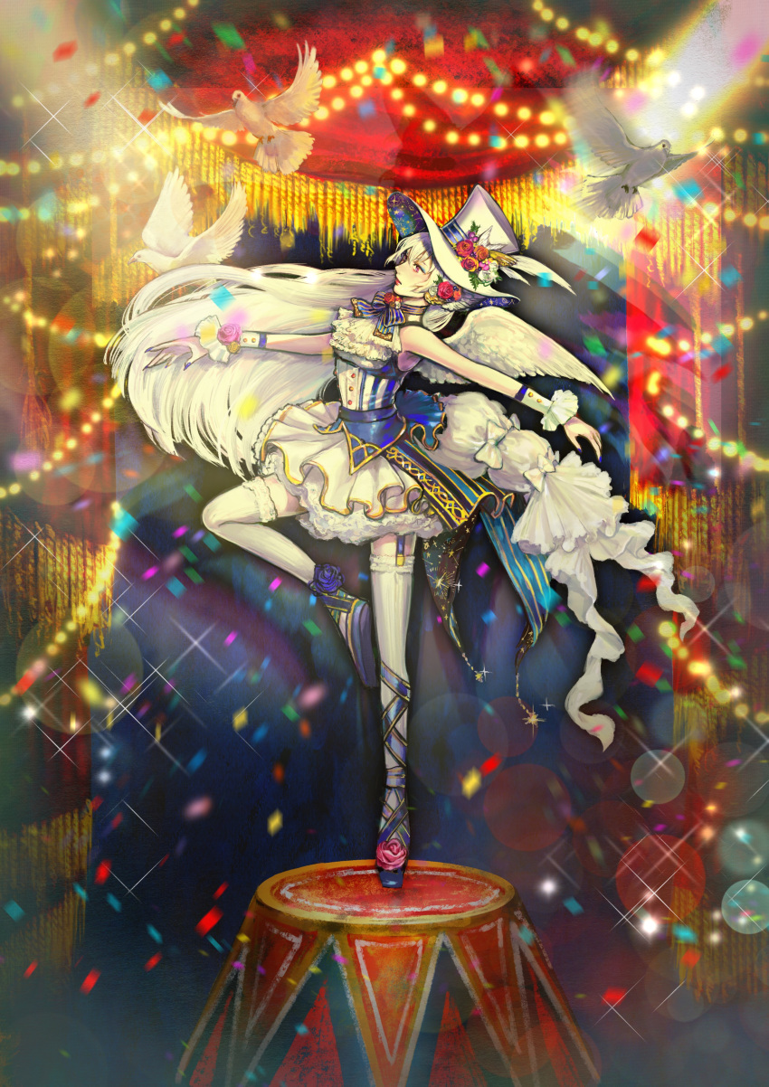 1girl absurdres angel_wings bird bow circus confetti dove dress fantasy feathered_wings flower frills full_body garter_straps hair_flower hair_ornament hat hat_flower highres idarintarou indoors lens_flare long_hair magic_trick original personification red_curtains red_eyes solo sparkle standing standing_on_one_leg thigh-highs very_long_hair white_bow white_dress white_hair white_hat white_legwear white_wings wings writst_cuffs