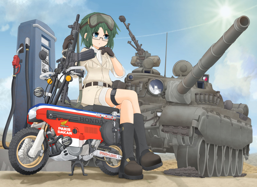 1girl assault_rifle blue_eyes breasts caterpillar_tracks clouds day gas_pump gas_pump_nozzle glasses graphite_(medium) ground_vehicle gun highres honda ichigotofu machine_gun mechanical_pencil military military_vehicle motocompo motor_vehicle motorcycle original pencil rifle short_hair sitting sky solo sun t-72 tank traditional_media weapon