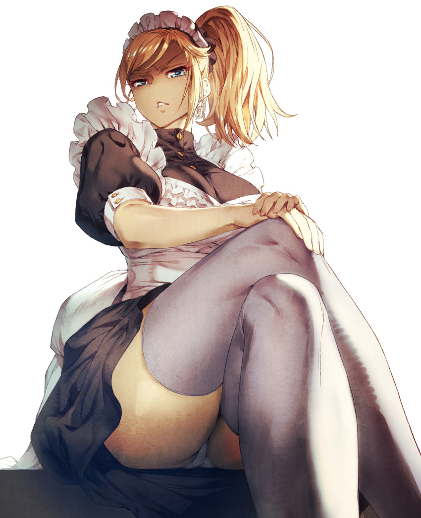 1girl blonde_hair blue_eyes breasts commentary cozy glaring highres large_breasts legs_crossed looking_at_viewer maid maid_headdress original panties pantyshot pantyshot_(sitting) parted_lips ponytail puffy_short_sleeves puffy_sleeves shaded_face short_sleeves sitting solo thigh-highs underwear white_background white_legwear white_panties