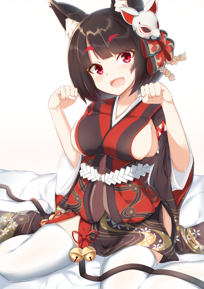 1girl absurdres animal_ears azur_lane bangs bell black_hair black_kimono blunt_bangs breasts cat_ears cat_mask eyebrows_visible_through_hair fang fox_mask highres japanese_clothes jingle_bell kimidori3_karla kimono mask mask_on_head paw_pose short_kimono sideboob solo white_legwear wide_sleeves yamashiro_(azur_lane)