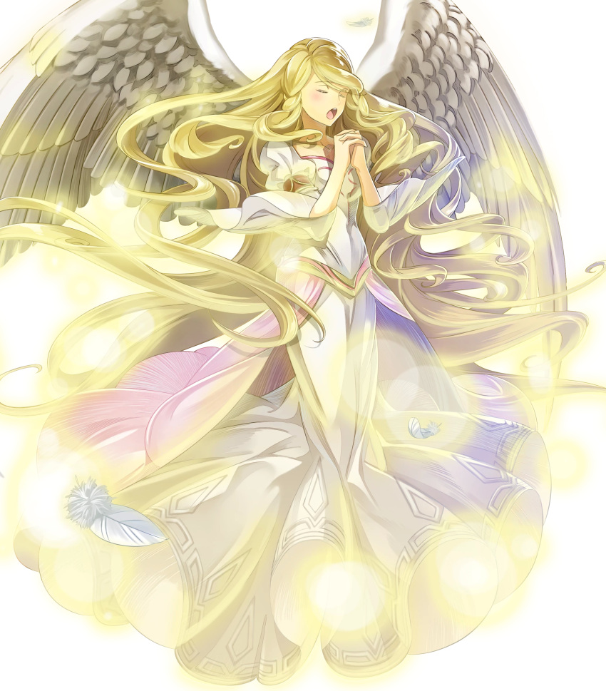 1girl bangs blonde_hair breasts closed_eyes dress feathered_wings feathers fire_emblem fire_emblem:_akatsuki_no_megami fire_emblem_heroes full_body hand_up highres leanne long_dress long_hair long_sleeves medium_breasts nintendo official_art puffy_sleeves shiny shiny_hair transparent_background very_long_hair white_dress wide_sleeves wings