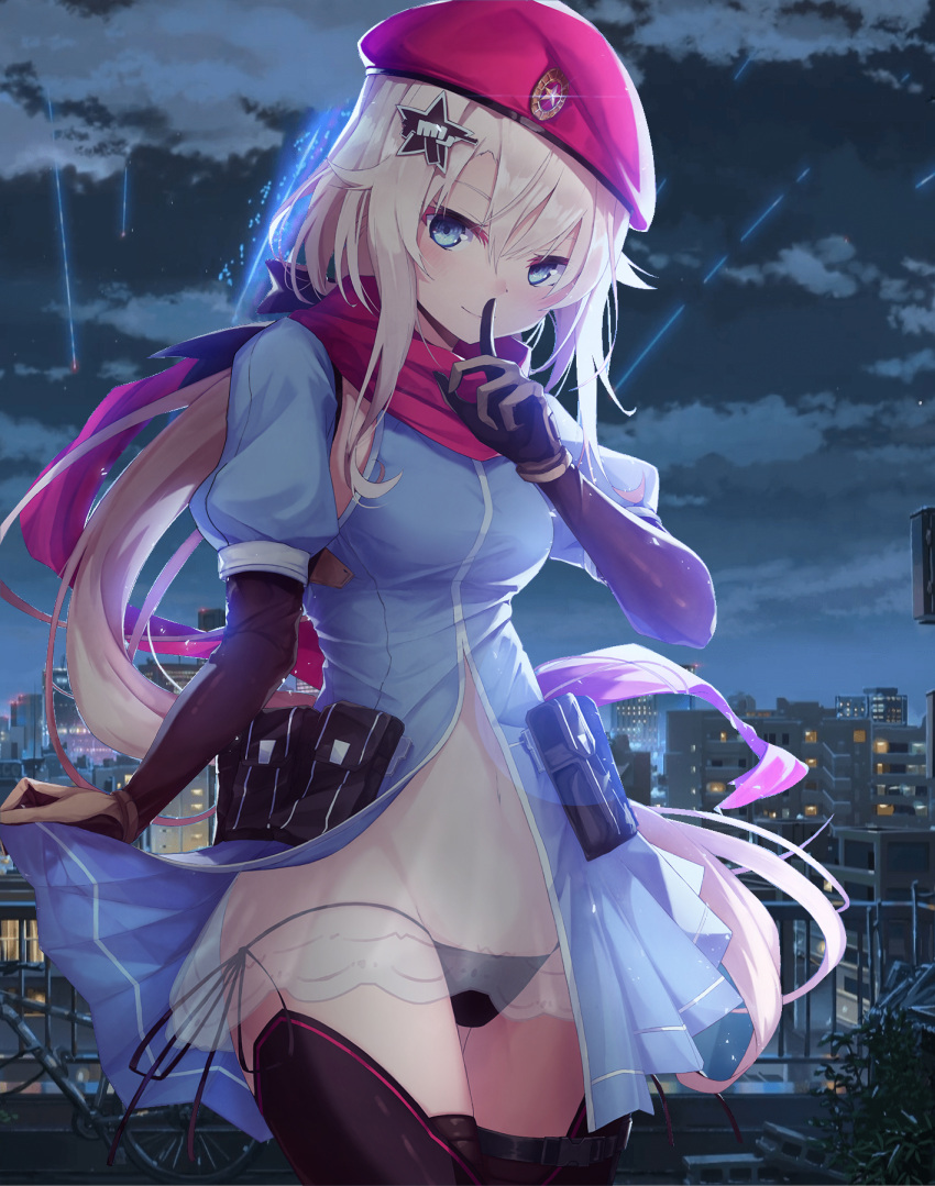 1girl 9a-91_(girls_frontline) bangs beret black_panties blonde_hair blue_dress blue_eyes blush breasts closed_mouth crunker dress finger_to_mouth girls_frontline gloves hair_between_eyes hair_ornament hand_up hat highres long_hair long_sleeves looking_at_viewer low_twintails medium_breasts navel panties scarf see-through shushing silver_hair smile solo star star_hair_ornament thigh-highs twintails underwear