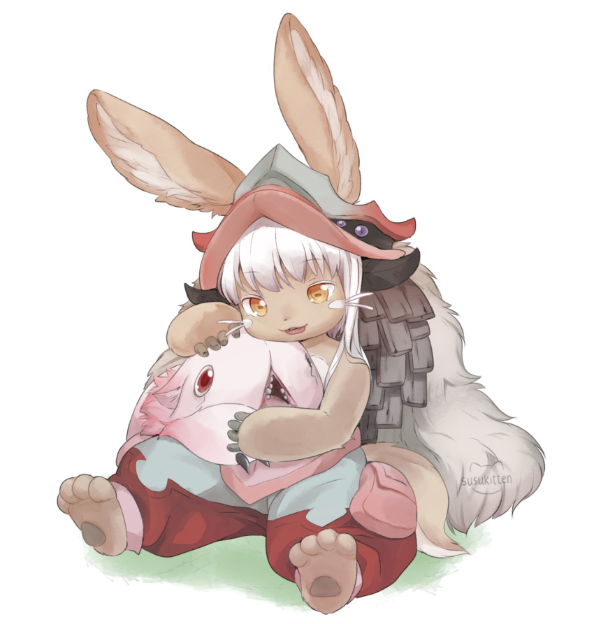 1girl 1other :3 animal_ears artist_logo bangs barefoot claws commentary ears_through_headwear english_commentary eyebrows_visible_through_hair fangs fur furry hand_on_another's_head helmet highres horizontal_pupils hug made_in_abyss mitty_(made_in_abyss) nanachi_(made_in_abyss) one-eyed open_mouth pouch puffy_pants rabbit_ears red_eyes sidelocks simple_background sitting sitting_on_ground smile susukitten tail whisker_markings white_background white_hair yellow_eyes