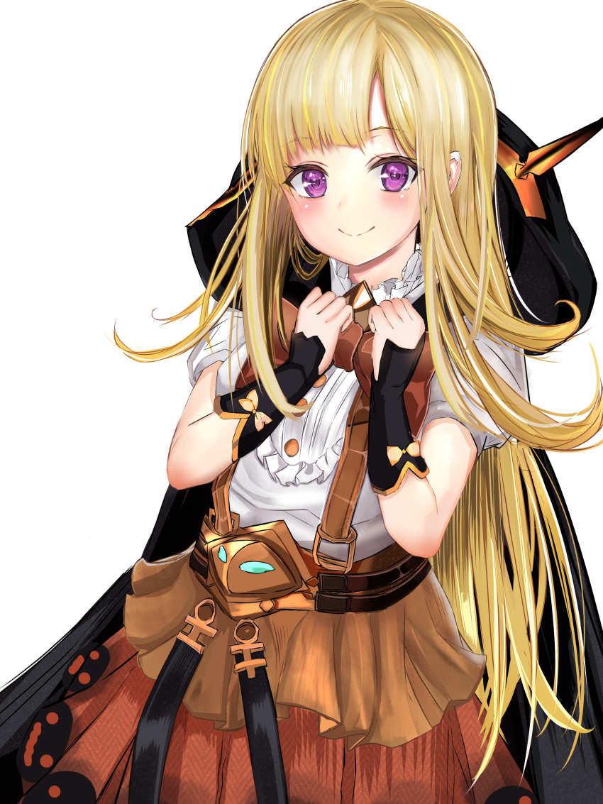 1girl absurdres bangs belt blonde_hair blush bow bowtie brown_neckwear brown_skirt buttons cagliostro_(granblue_fantasy) cloak closed_mouth eyebrows_visible_through_hair frilled_shirt frills granblue_fantasy hands_up highres hood hooded_cloak long_hair looking_at_viewer ria_(riarea00) shirt short_sleeves sidelocks simple_background skirt smile solo suspenders very_long_hair violet_eyes white_background white_shirt