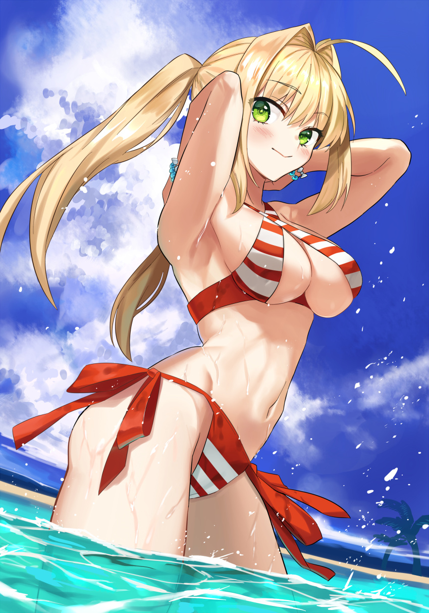 1girl :&gt; absurdres ahoge armpits ashiwara_yuu bangs bare_shoulders beach bead_bracelet beads bikini blonde_hair blue_sky blush bracelet breasts cleavage closed_mouth clouds cloudy_sky criss-cross_halter day eyebrows_visible_through_hair fate/grand_order fate_(series) green_eyes hair_between_eyes hair_intakes halterneck highres hips jewelry large_breasts looking_at_viewer navel nero_claudius_(fate)_(all) nero_claudius_(swimsuit_caster)_(fate) outdoors palm_tree sand side-tie_bikini sky smile solo striped striped_bikini swimsuit tree twintails wading water wet