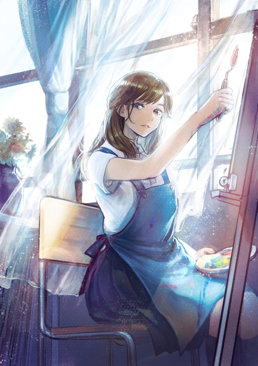 1girl absurdres apron black_skirt brown_hair chair curtains easel flower highres idarintarou indoors kneehighs long_hair looking_at_viewer original palette palette_knife shirt short_sleeves sitting skirt solo summer vase white_shirt window