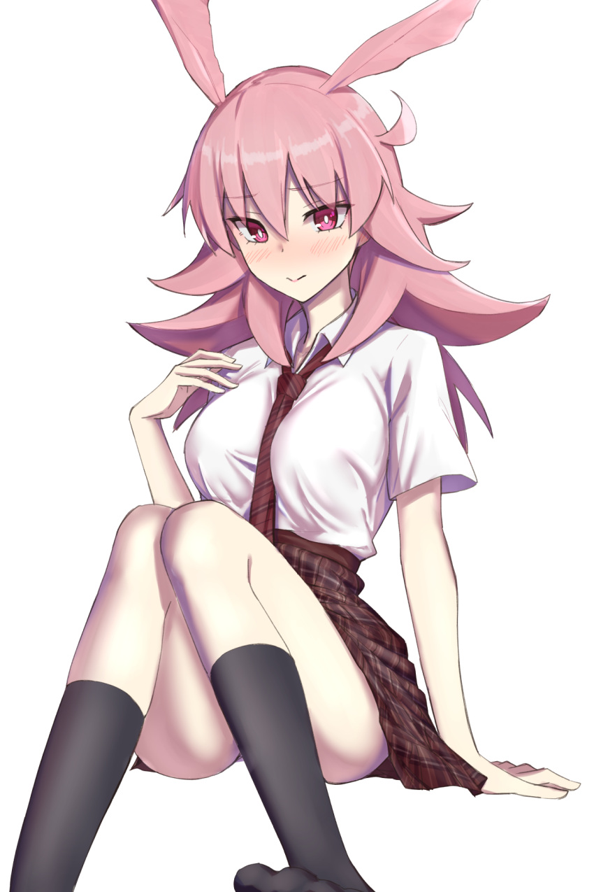 1girl black_legwear blush brown_skirt commentary_request elfenlied22 eyebrows_visible_through_hair fate/grand_order fate_(series) head_wings highres hildr_(fate/grand_order) kneehighs long_hair looking_at_viewer pink_eyes pink_hair shirt short_sleeves simple_background skirt solo valkyrie_(fate/grand_order) white_background white_shirt