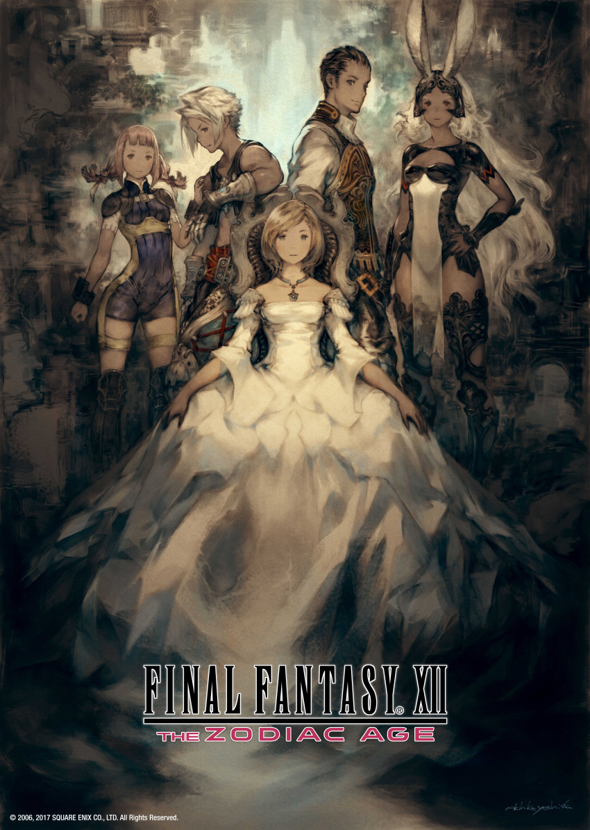 2boys 3girls absurdres animal_ears arm_rest ashelia_b'nargin_dalmasca balflear bracer brown_hair chair copyright_name dress final_fantasy final_fantasy_xii fran gauntlets hand_on_another's_shoulder hand_on_hip highres incredibly_absurdres jewelry long_hair looking_at_viewer low_twintails multiple_boys multiple_girls necklace official_art pelvic_curtain penelo rabbit_ears short_hair sleeveless smile square_enix thigh-highs twintails vaan very_long_hair vest white_dress white_hair yoshida_akihiko