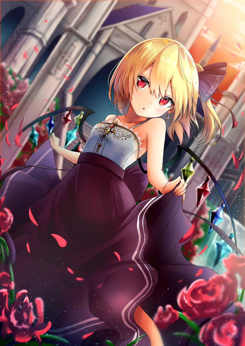 1girl absurdres alternate_costume bangs bare_arms bare_shoulders black_ribbon black_skirt blonde_hair breasts building collarbone dutch_angle eyebrows_visible_through_hair flandre_scarlet flower hair_between_eyes hair_ribbon highres lifted_by_self looking_at_viewer no_hat no_headwear orange_sky parted_lips petals red_eyes red_flower red_rose renka_(cloudsaikou) ribbon rose rose_petals short_hair side_ponytail skirt skirt_lift sky slit_pupils small_breasts solo spaghetti_strap touhou wings