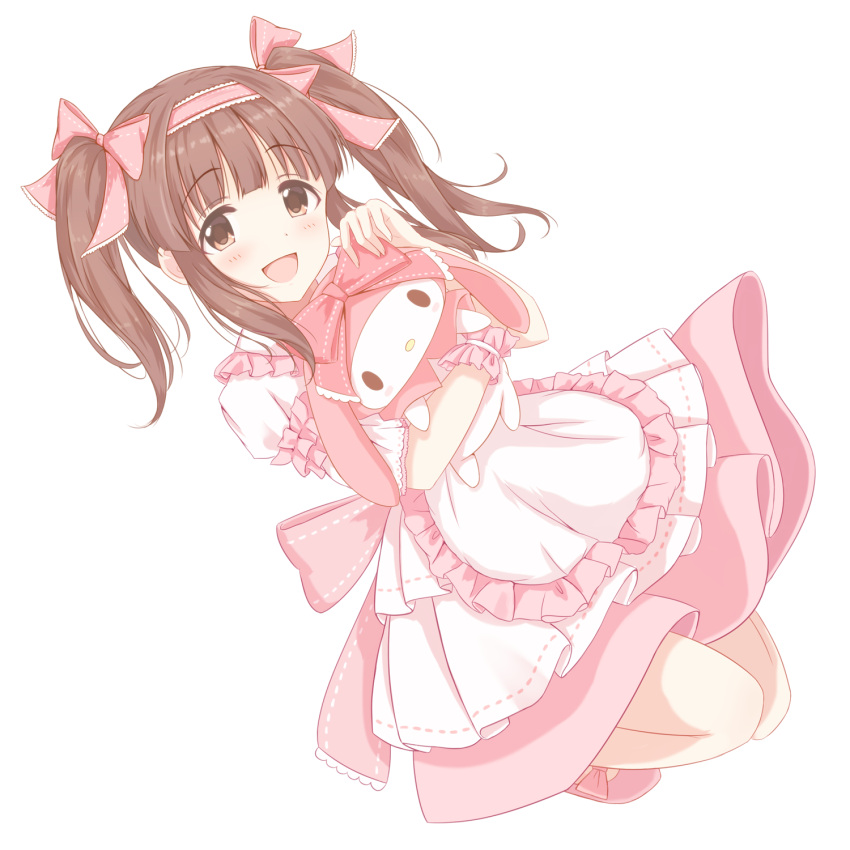 1girl apron artist_request bangs bare_legs blunt_bangs brown_hair commentary dress eyebrows_visible_through_hair frilled_armband hairband highres holding_stuffed_toy idolmaster idolmaster_cinderella_girls idolmaster_cinderella_girls_starlight_stage large_ribbon looking_at_viewer my_melody ogata_chieri onegai_my_melody open_mouth pink_footwear pink_frills pink_hairband pink_ribbon pink_skirt ribbon sandals simple_background skirt smile white_apron white_background white_dress