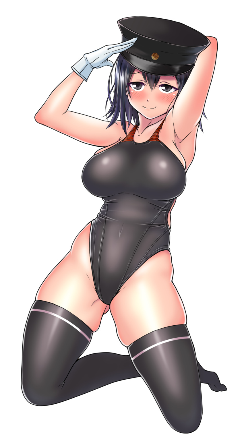 1girl absurdres aiuchi akitsu_maru_(kantai_collection) black_eyes black_hair black_hat black_legwear black_swimsuit breasts closed_mouth competition_swimsuit eyebrows_visible_through_hair gloves hair_between_eyes hat highleg highres kantai_collection large_breasts military military_hat military_uniform one-piece_swimsuit peaked_cap short_hair simple_background sitting smile solo swimsuit thigh-highs uniform wariza white_background white_gloves