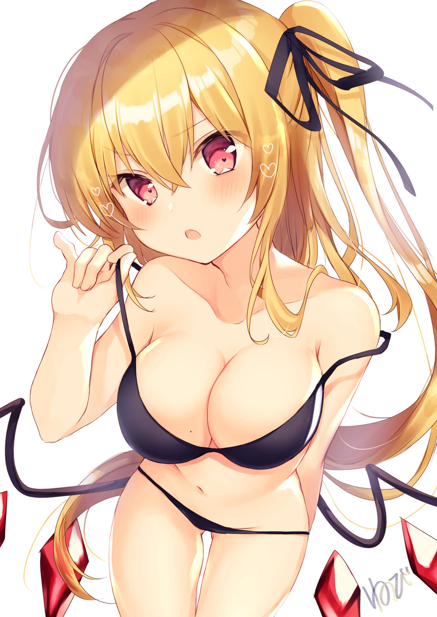 1girl absurdres alternate_breast_size alternate_hair_length alternate_hairstyle arm_behind_back artist_name bad_anatomy bangs bare_arms bare_shoulders bikini black_bikini black_ribbon blonde_hair blush breasts cleavage collarbone commentary_request cowboy_shot crystal eyebrows_visible_through_hair flandre_scarlet hair_between_eyes hair_ribbon hand_up head_tilt highres large_breasts leaning_forward long_hair looking_at_viewer navel nenobi_(nenorium) no_hat no_headwear one_side_up parted_lips red_eyes ribbon side_ponytail signature simple_background solo stomach strap_pull strap_slip swimsuit thighs touhou very_long_hair white_background wings