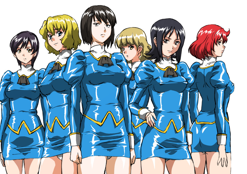 6+girls agent_aika aika_(series) ass black_hair black_neckwear blonde_hair blue_delmo blue_eyes blue_hair blue_jacket blue_skirt breasts brown_eyes closed_mouth commentary_request cravat delmogeny_uniform erect_nipples extra hair_ornament hairclip hand_on_hip highres jacket juliet_sleeves long_sleeves mamesi_(suhk8583) medium_breasts multiple_girls panties pantyshot pantyshot_(standing) pencil_skirt profile puffy_sleeves redhead shiny shiny_skin short_hair simple_background skin_tight skirt smile standing taut_clothes underwear uniform white_background white_panties yellow_eyes