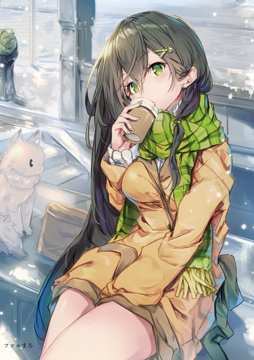 1girl absurdres animal artist_name bag bangs bench blush breasts brown_hair cat closed_mouth coat coffee coffee_cup cup disposable_cup eyebrows_visible_through_hair fal_maro fringe_trim green_eyes green_scarf hair_between_eyes hair_ornament hairclip head_tilt highres holding holding_cup long_hair long_sleeves looking_at_viewer medium_breasts melon_hair_ornament melonbooks original outdoors ribbed_sweater scan scarf sidelocks snow snowing solo stairs sweater very_long_hair white_cat white_sweater winter yellow_coat