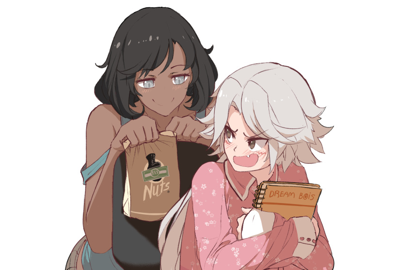 2girls absurdres bag black_hair blush caroline_cordovin dark_skin dishwasher1910 embarrassed english_text eyebrows_visible_through_hair grey_eyes highres maria_calavera multiple_girls notepad object_hug pajamas paper_bag rwby silver_hair smirk white_background younger