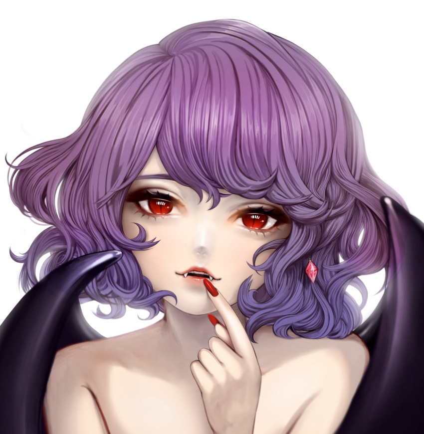 1girl 8mi500 bangs bat_wings collarbone commentary_request earrings fangs finger_to_mouth hand_up head_tilt highres jewelry lipstick looking_at_viewer makeup nail_polish no_hat no_headwear nude parted_lips portrait purple_hair red_eyes red_lips red_lipstick red_nails remilia_scarlet short_hair simple_background smile solo touhou white_background wings