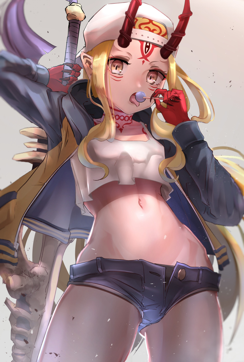 1girl absurdres ass_visible_through_thighs backwards_hat baseball_cap blonde_hair blurry breasts commentary_request cowboy_shot crop_top crop_top_overhang curly_hair denim denim_shorts depth_of_field eyelashes fate/grand_order fate_(series) forehead hat highleg_shorts highres hip_bones hips holding hood hood_down hooded_jacket ibaraki_douji_(fate/grand_order) jacket long_hair long_sleeves looking_at_viewer micro_shorts midriff nakasaku-p navel oni_horns open_clothes open_fly open_jacket open_mouth open_shorts red_horns shorts slit_pupils small_breasts solo standing stomach tank_top tongue tongue_out unbuttoned unbuttoned_shorts upshirt white_hat white_tank_top yellow_eyes