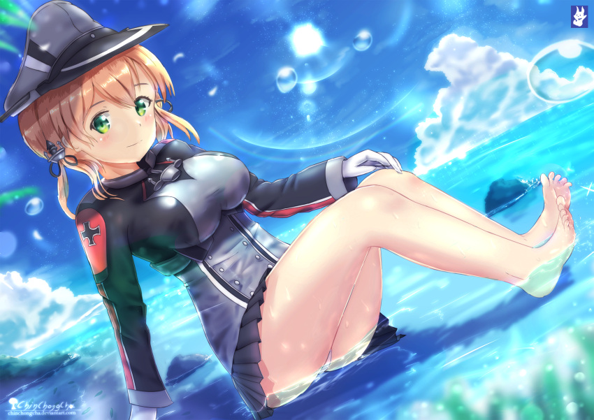1girl anchor_hair_ornament artist_logo barefoot black_skirt blonde_hair blush chinchongcha closed_mouth clouds day full_body gloves green_eyes hair_ornament hat highres iron_cross kantai_collection looking_at_viewer low_twintails microskirt military military_hat military_uniform ocean panties peaked_cap prinz_eugen_(kantai_collection) sitting skirt sky smile soaking_feet solo summer twintails underwear uniform water water_drop white_gloves white_panties