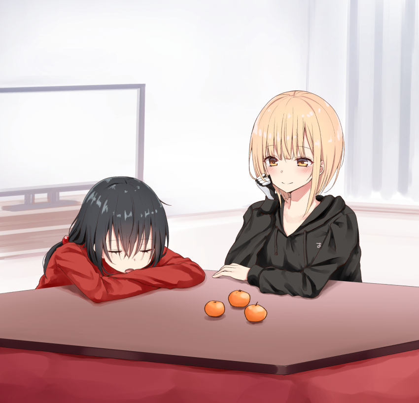 2girls arm_rest bangs black_hair black_hoodie blonde_hair blush closed_eyes closed_mouth curtains drawstring eyebrows_visible_through_hair food fruit hair_between_eyes hand_up highres hood hood_down hoodie indoors kotatsu long_hair long_sleeves looking_at_another low-tied_long_hair mandarin_orange multiple_girls open_mouth original piripun prosthesis prosthetic_arm red_sweater short_hair sidelocks sleeping smile sweater table television yellow_eyes