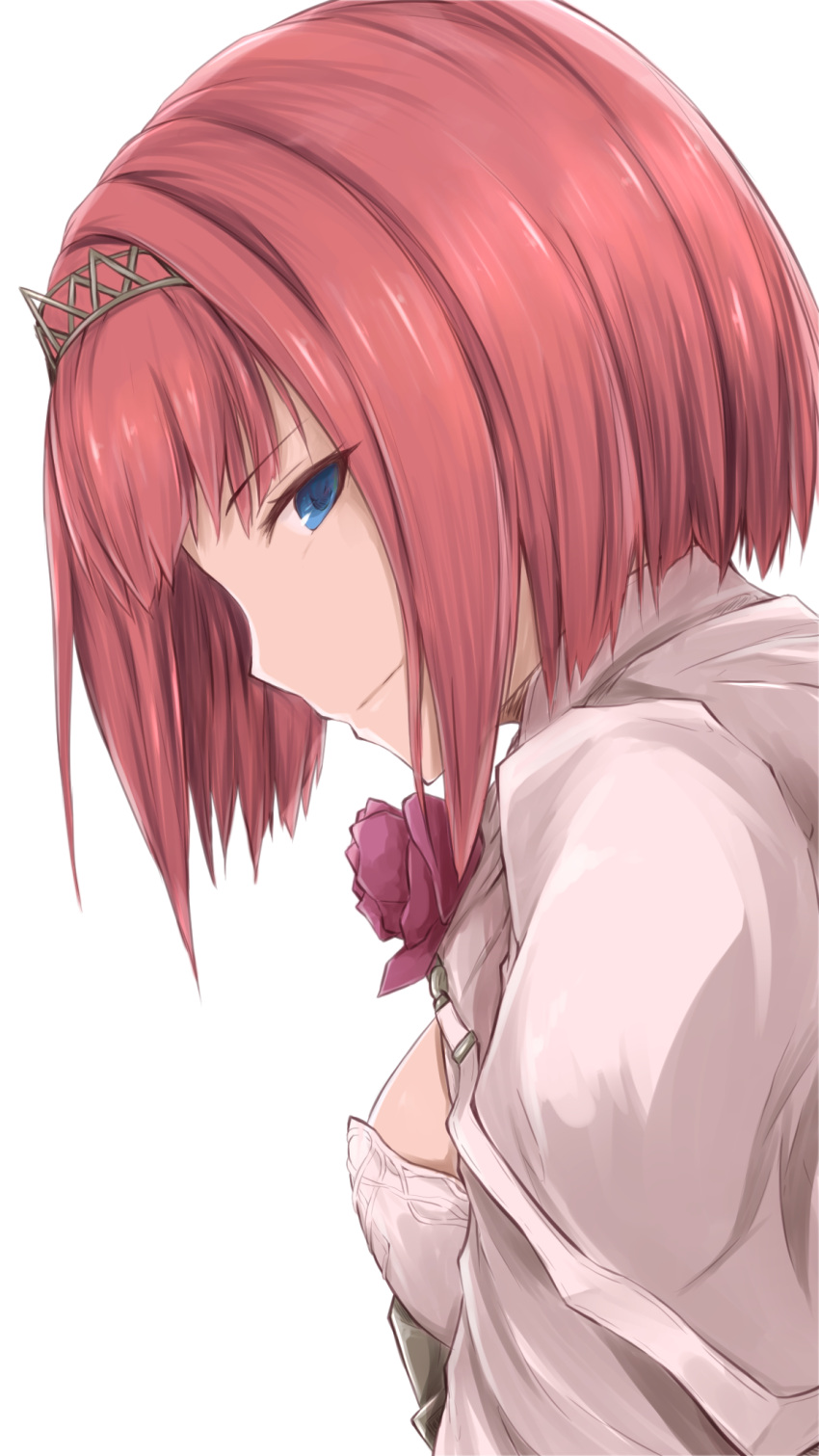 1girl ark_royal_(kantai_collection) bangs blue_eyes blunt_bangs bob_cut breasts closed_mouth eyebrows_visible_through_hair flower from_side hairband highres jacket kantai_collection long_sleeves looking_at_viewer red_flower red_rose redhead rose short_hair sidelocks simple_background small_breasts tiara tsurime twinameless white_background