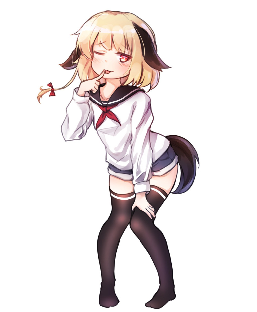 1boy :p animal_ears black_legwear blonde_hair denim denim_shorts dog_ears dog_tail finger_to_mouth full_body hand_on_own_thigh highres kosobin leaning_forward naughty_face one_eye_closed original red_eyes shirt short_hair short_shorts shorts simple_background smile solo tail thigh-highs tongue tongue_out trap white_background white_shirt
