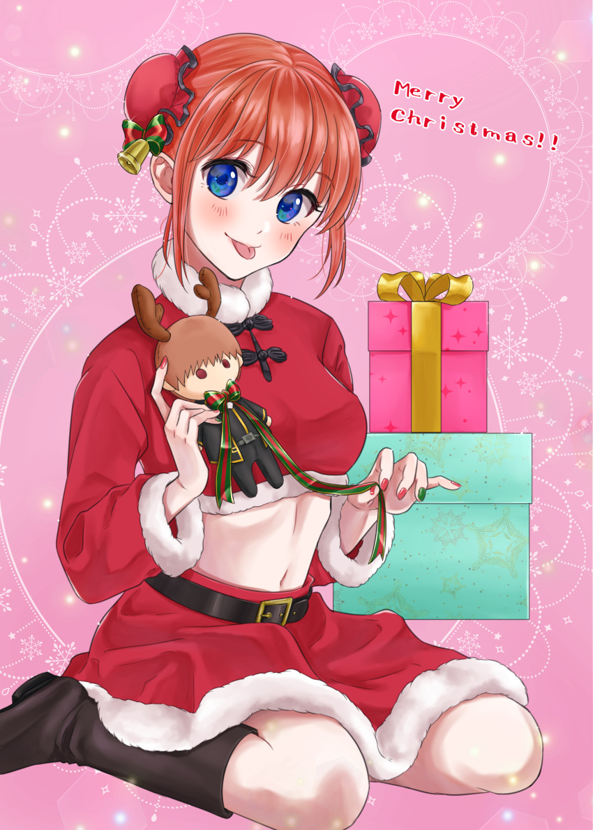 1girl :p absurdres bell black_footwear blue_eyes blush boots box breasts brown_hair character_doll crop_top double_bun eyebrows_visible_through_hair fur-trimmed_skirt gift gift_box gintama green_nails hair_bell hair_between_eyes hair_ornament head_tilt highres holding kagura_(gintama) kneeling kuroneko_w1nter looking_at_viewer medium_breasts merry_christmas midriff miniskirt nail_polish navel pink_nails red_skirt santa_costume shiny shiny_hair short_hair sidelocks skirt smile solo stomach tongue tongue_out