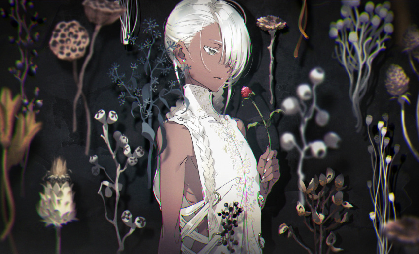 1girl absurdres bare_shoulders braid brown_eyes dark_skin earrings flat_chest flower hair_over_one_eye highres jewelry long_hair original ribs sleeveless solo sweat white_hair yoneyama_mai