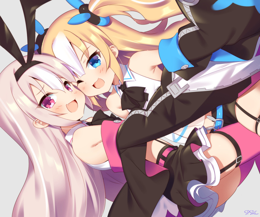 2girls :d azur_lane bare_shoulders black_bow black_neckwear black_skirt blonde_hair blue_background blue_eyes bow bowtie commentary_request detached_sleeves dutch_angle eyebrows_visible_through_hair fang from_side garter_straps hair_bow hairband hobby_(azur_lane) hug kalk_(azur_lane) long_sleeves looking_at_viewer looking_to_the_side multiple_girls one_eye_closed open_mouth pink_hair pink_legwear signature simple_background skirt smile takashiru thigh-highs two_side_up violet_eyes