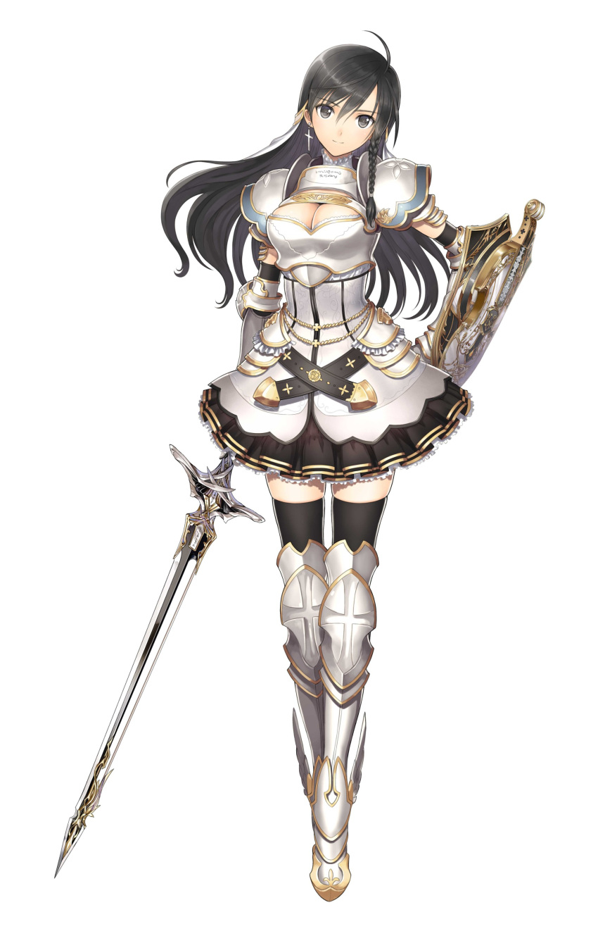 1girl absurdres armor armored_boots bangs black_legwear black_skirt boobplate boots braid breastplate breasts cleavage cross cross_earrings earrings elbow_gloves eyebrows_visible_through_hair full_body gauntlets gloves grey_eyes hair_between_eyes hand_on_hip head_tilt highres holding holding_sword holding_weapon jewelry long_hair looking_at_viewer medium_breasts official_art shield shining_(series) shining_resonance shiny shiny_hair shoulder_armor shoulder_pads sidelocks simple_background skirt smile solo sonia_branche standing sword tanaka_takayuki thigh-highs weapon white_background zettai_ryouiki