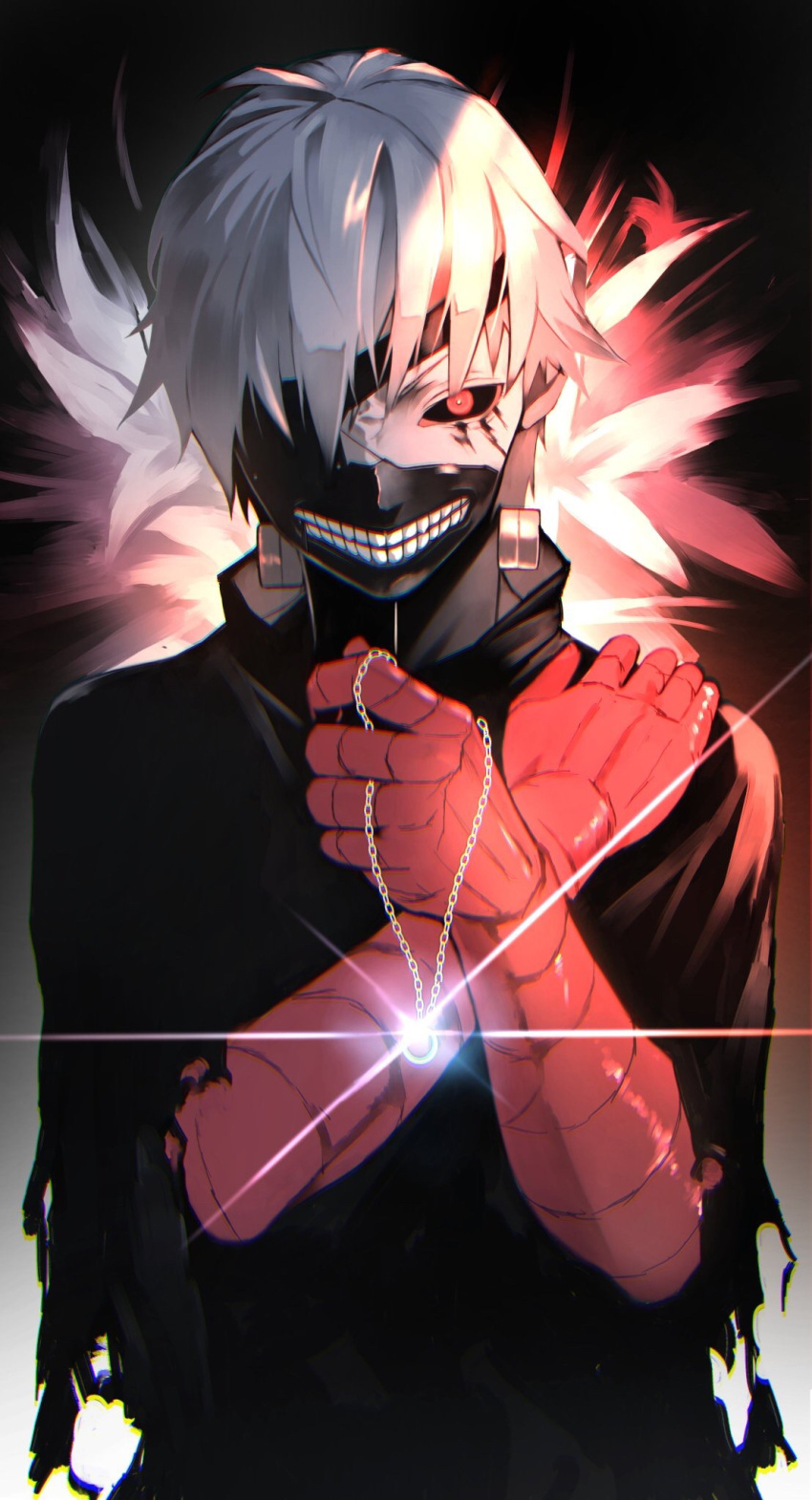 1boy 55level angry arm_up black_eyepatch black_sclera black_shirt chains commentary_request covered_mouth covering_nose deep_wound eyepatch face_mask frown hair_between_eyes hair_over_one_eye hand_on_shoulder highres holding holding_chain injury jewelry kaneki_ken looking_at_viewer male_focus mask one_eye_covered red_eyes red_skin ring shiny shirt short_hair solo teeth tokyo_ghoul torn_clothes upper_body white_hair