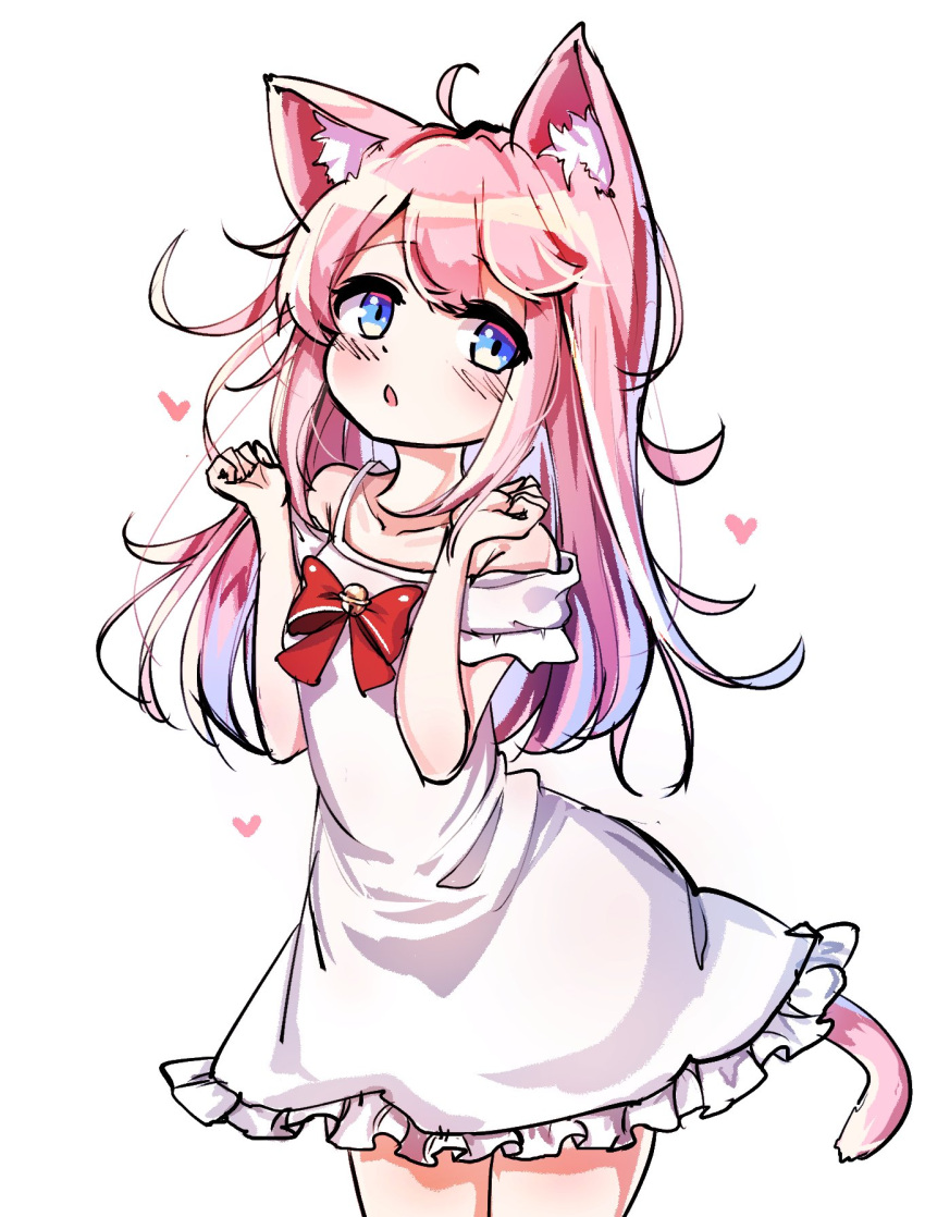 1girl animal_ears arms_up blue_eyes cat_ears cat_tail clenched_hands dress heart highres kosobin long_hair open_mouth original pink_hair simple_background solo sundress tail white_background white_dress