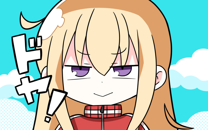 1girl :&gt; bangs blonde_hair blue_sky closed_mouth clouds commentary_request eyebrows_visible_through_hair gabriel_dropout hair_between_eyes half-closed_eyes hana_kazari highres jacket long_hair looking_at_viewer red_jacket sky solo tenma_gabriel_white track_jacket translated violet_eyes