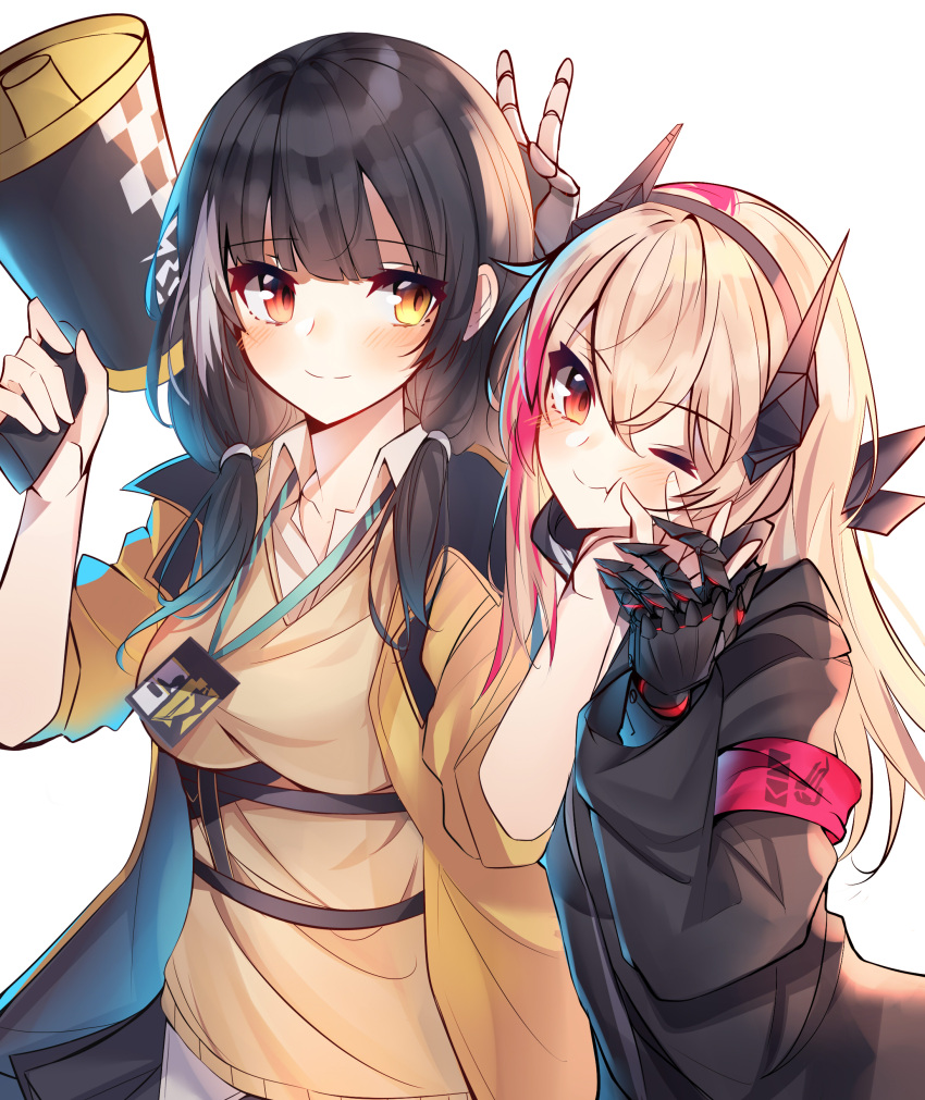 2girls absurdres armband black_hair cheek_pinching eyebrows_visible_through_hair eyes_visible_through_hair girls_frontline hand_holding headphones heterochromia highres m4_sopmod_ii_(girls_frontline) megaphone multiple_girls name_tag one_eye_closed pinching pink_hair red_eyes ro635_(girls_frontline) v yanggang yellow_eyes