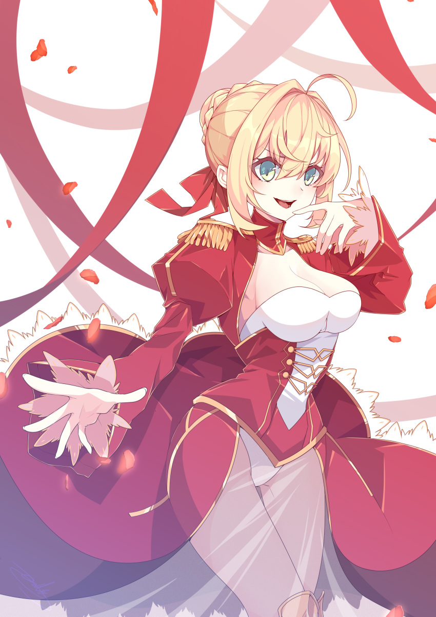 1girl :d absurdres ahoge anchorage_akiko bangs bow braid breasts cleavage commentary_request dress eyebrows_visible_through_hair fate/extra fate_(series) fingernails green_eyes hair_between_eyes hair_bow hair_bun hair_intakes hand_up highres juliet_sleeves long_sleeves looking_at_viewer medium_breasts nero_claudius_(fate) nero_claudius_(fate)_(all) open_mouth petals puffy_sleeves red_bow red_dress red_ribbon ribbon see-through sidelocks sleeves_past_wrists smile solo