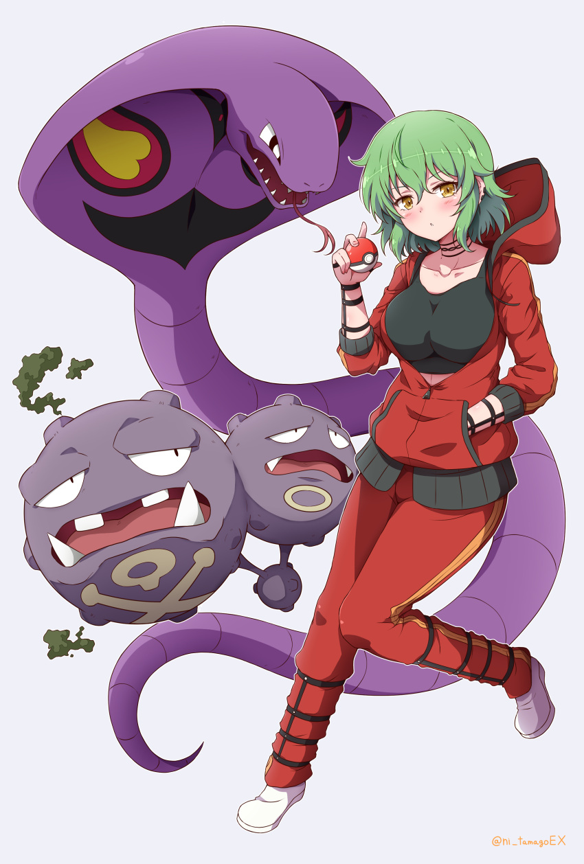 1girl absurdres arbok black_choker black_eyes black_sports_bra blush breasts choker cobra_(animal) collarbone crossover eggman_(pixiv28975023) fangs floating forked_tongue green_hair highres hikage_(senran_kagura) holding holding_poke_ball hood hood_down hooded_jacket hoodie jacket large_breasts looking_at_viewer multiple_heads open_mouth parted_lips poke_ball poke_ball_(basic) pokemon pokemon_(creature) pokemon_(game) pokemon_rgby senran_kagura senran_kagura_burst senran_kagura_new_link senran_kagura_shoujo-tachi_no_shin'ei short_hair simple_background skull_and_crossbones slit_pupils smoke snake sports_bra standing tail tongue tongue_out track_suit trait_connection tusks weezing white_footwear yellow_eyes